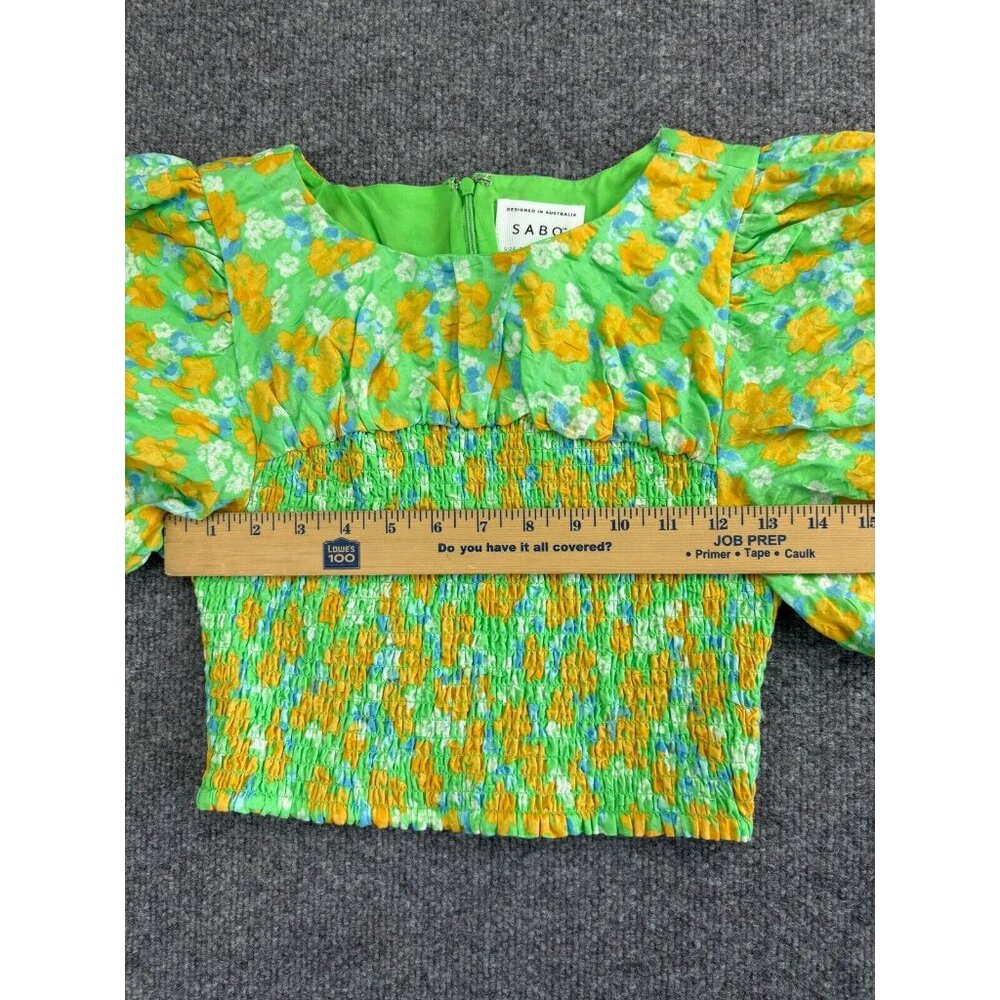 Sabo Australia Blouse Women's Small Green Puff Sleeve Cropped 100% Cotton - Picture 5 of 8